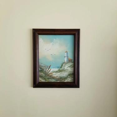 Vintage Lighthouse Painting / Framed Original Art / Beach Scene Painting / Framed Vintage Seascape Painting / Coastal Beach Wall Decor 