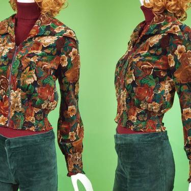 Vintage 70s floral velvet jacket. Short cut. By Judy Hornby. (Size S) 