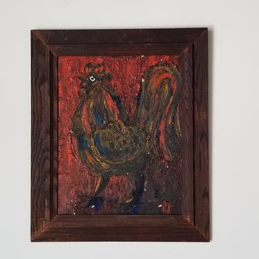 1970s Abstract Rooster Oil Painting, Framed. 