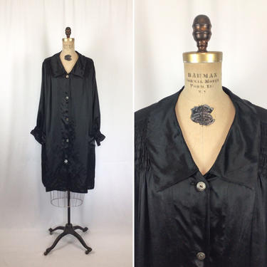 Vintage 20s Dress | Vintage black silk satin tunic | 1920's button front black smock coat 