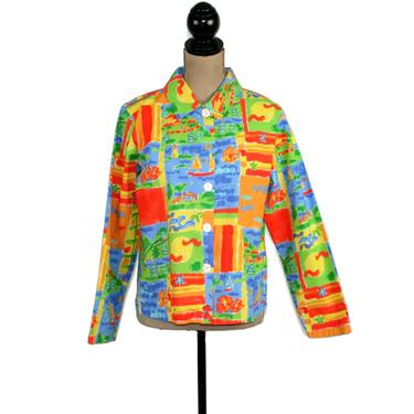 90s Novelty Print Cotton Jacket Women Small Medium, Colorful Lightweight Spring Summer, 1990s Clothes Vintage Clothing from Chicos 