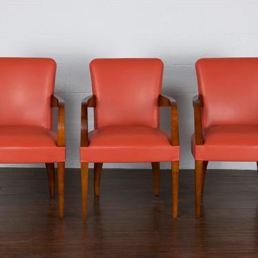 French Parisian Arman Hugues Chevalier Beech and Red Leather Bridge Armchairs - Signed - Set of 3 