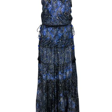 Poupette St Barth - Blue &amp; Black Bohemian Print Tiered Silk Maxi Dress Sz L