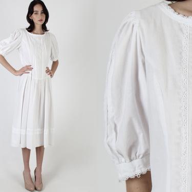 All White Gunne Sax Dress /Simple Womens Romantic Bridal Dress / Vintage 70s Victorian Crochet / Pioneer Prairie Lawn Midi Mini Dress 
