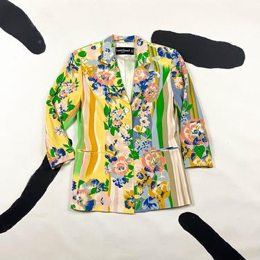 80s  / 90s Louis Feraud Silk Abstract Floral Stripe Blazer / Green and Tan / Tropical / Shoulder Pads / Size 10 / Brush Stroke / Watercolor 