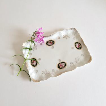Antique Silesia Porcelain Calling Card Plate, Vintage Floral Porcelain Vanity Tray 
