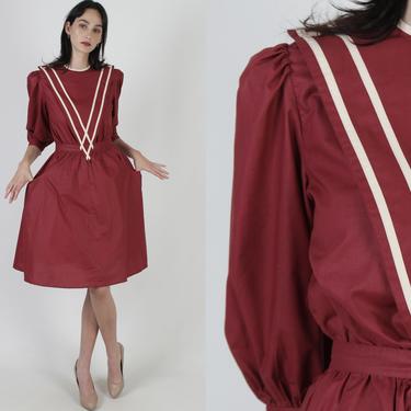 Simple Burgundy Cottage Dress / Vintage 80s Country Field Dress / Maroon Striped Bib Collar / Puff Sleeve Day Party Mini Dress With Pockets 