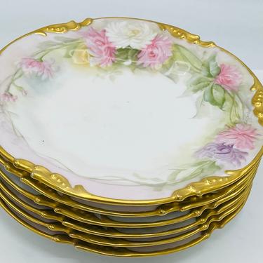 Antique Set 6 JPL Jean Pouyat Limoges France Hand Painted Plates colorful Floral 7.5&amp;quot; Signed - Mint Condition 