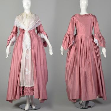 XS Reproduction 1780s Robe A L'Anglais Dress Box Pleat Ruffle Petticoat Embroidered 5pc Repro Gown 