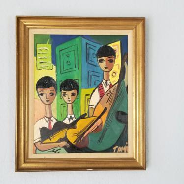1970s Mid-Century Tami Colorful Figurative Abstract Oil Painting 