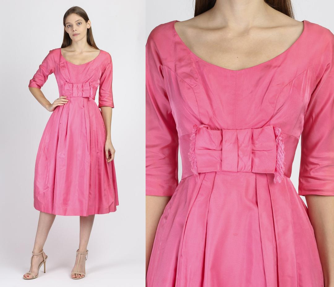 Vintage 1950s Pink Bow Party Dress - Extra Small | 50s | Flying Apple ...