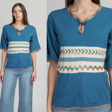 70s Boho Blue Striped Trim Sweater Top - Small | Vintage Short Sleeve Lightweight Knit Shirt 