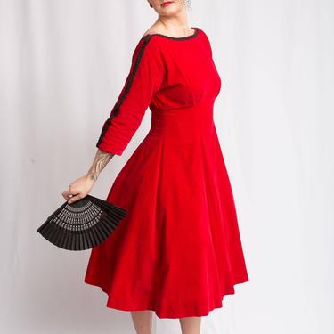 Belle of the Ball - Vintage 1950s Lipstick Red Velveteen Cocktail Dress w/Spanish Black Brocade - 8/10 