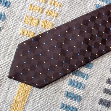 Vintage 1990s Brown Polka Dot Tie - Square Checker Pattern Dark Brown Necktie Silk Polyester Blend 