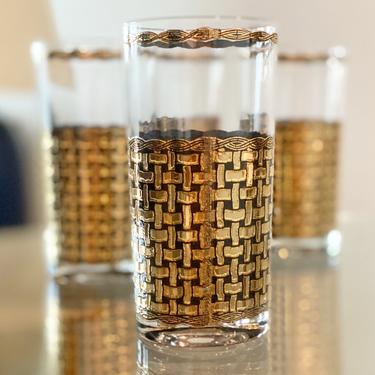 Mid century modern Culver glasses 4 Gold cane whiskey highball cocktail tumblers Mad Men home bar glasses Gift for him 