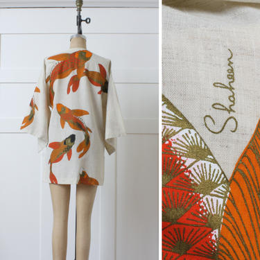 vintage Alfred Shaheen fabric koi fish jacket • 1970s kimono sleeve robe • vintage pool wear 