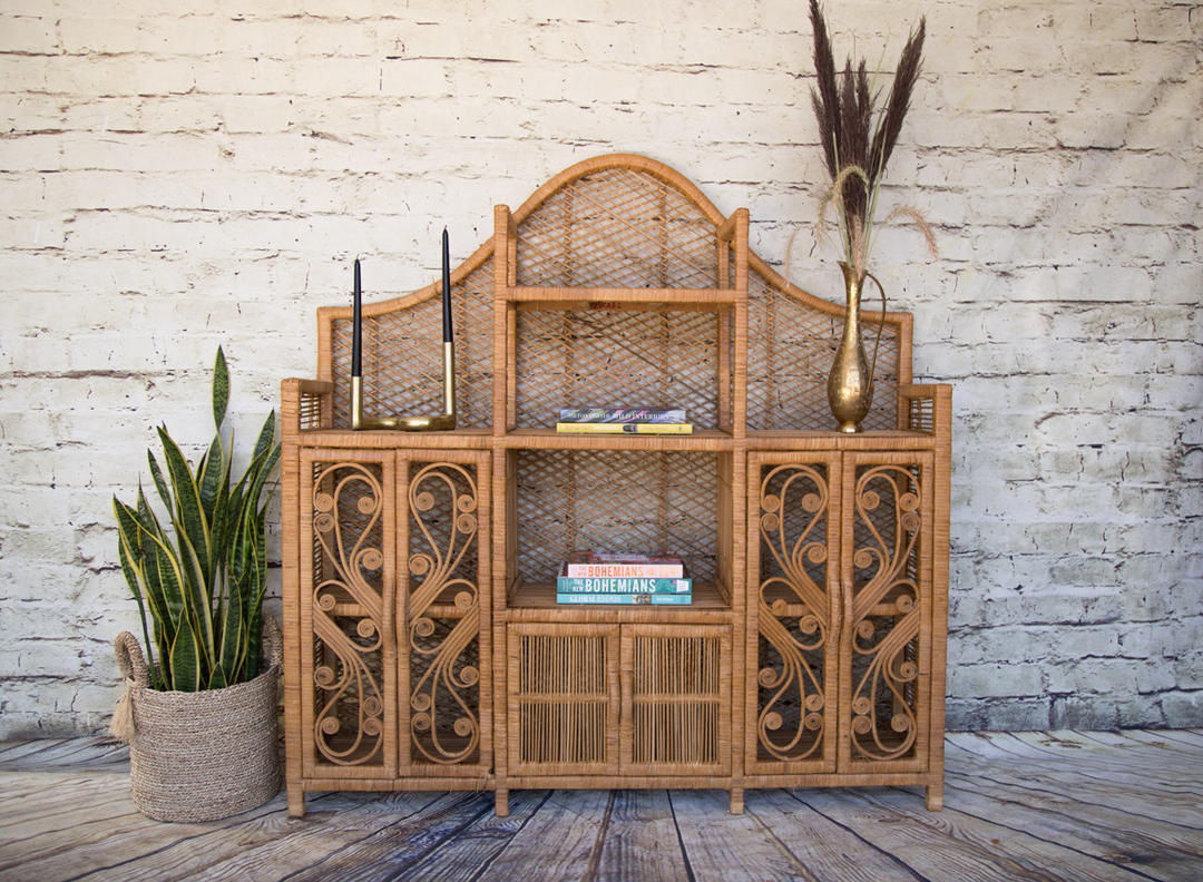 SHIPPING NOT FREE!!! Vintage Peacock Rattan / Wicker Hutch
