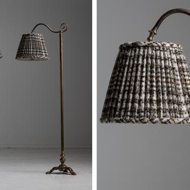 Adjustable Heavy Brass Floor Lamps with Textured Wool Plaid Shade