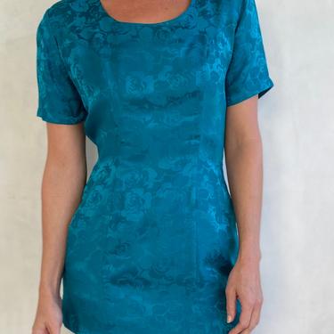 Stunning 80s Silk Turquoise Mini Dress - Teal Short sleeve Floral Embossed Short Dress 