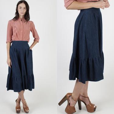 Womens Gunne Sax Blue Jean Skirt Denim Skirt With Pockets Skirt Vintage 70s Chambray Solid Color Prairie Boho High Waist Midi Skirt 