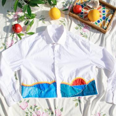 80s White Blue Sunset Hand Painted Embroidered Crop Top Vintage Reworked Blouse 
