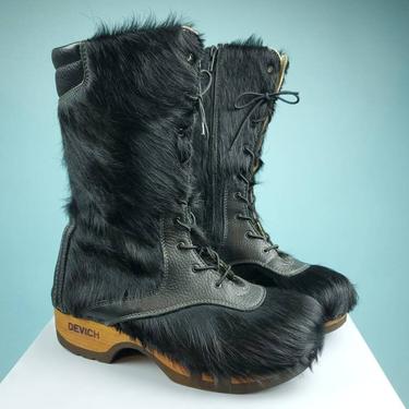 Furry winter clog boots. One of a kind. Zip-up & lace-up. Handmade in Austria by the Devich shoemakers. Women's size 9. 