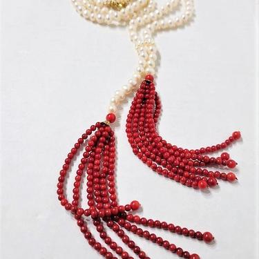 XLong Freshwater Pearl and Red Jade Tassel Necklace - 42 inch 