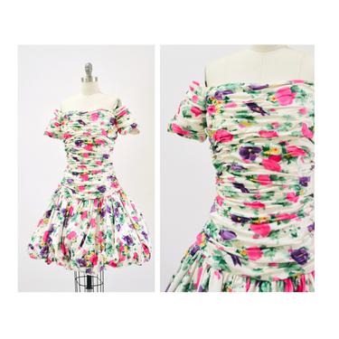 80s 90s Vintage Floral Print Party Prom Dress Small Victor Costa // 80s cotton Party Dress wedding dress Off the shoulder floral print 
