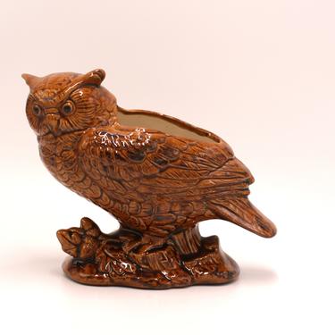 vintage brown ceramic owl planter 