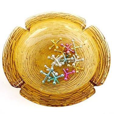 Mid-Century 9&amp;quot; Anchor Hocking Soreno Gold Pattern Glass Ashtrays|Cigar Bowls|Retro Catchalls || Amber Textured Art Glass Tobacciana Bowls 