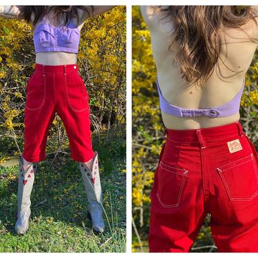 1940s Jeans / Cherry Red Clamdiggers / Sanforized Denim / 23-24 Inch Waist / Happy Jill Cropped Jeans Long Shorts 