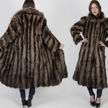 Vintage 70s Raccoon Fur Coat Plush Natural Striped Shaggy Shawl Collar Long Jacket 