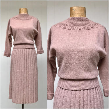 Vintage 1950s Sweater Set, 50s Mauve Lofties Wool Bouclé Pullover Knit Top and Ribbed Skirt, Mid-Century Bombshell, Size Small 