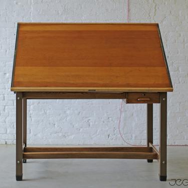 oak base steel legs tilting drafting table circa 1947 by Hamilton Mfg Co 