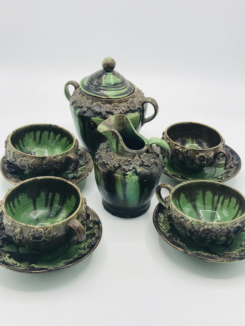 VIntage 11 PC Oaxacan Green Drip Majolica Mexican Pottery tea set