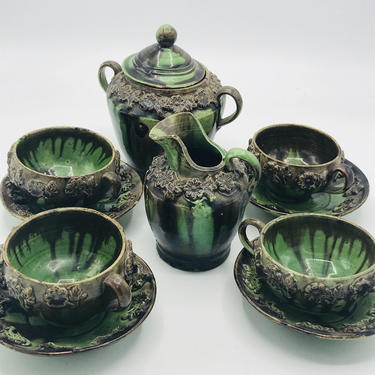 VIntage 11 PC Oaxacan Green Drip Majolica Mexican Pottery tea set- 