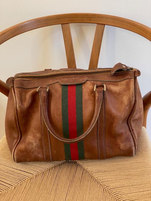 GUCCI Auth Luggage Satchel 1950s RED & GREEN STRIPED Antique w Flaws