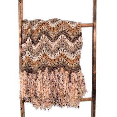 Knitted Afghan with Fringe, Large Knit Blanket Throw, Earth Tones Beige Brown &amp; Taupe, Handmade Home Decor, Unique Gift Idea 