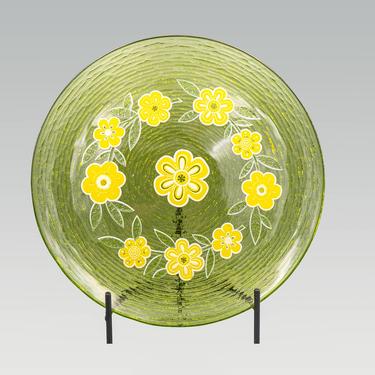 Culver Yellow Flowers on Green Serving Plate | Vintage Enameled Platter Glassware Tableware Serveware 