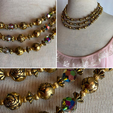 Vintage sparkly cut glass &amp; gold rose beads~ 1950’s-60’s /3 tear beaded necklace~ beautiful sparkly colorful choker- adjustable length 
