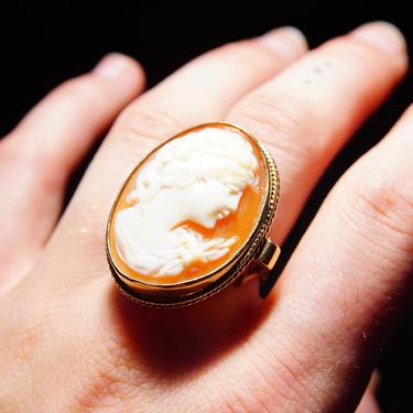 Victorian 10K Yellow Gold Cameo Ring, Large Classic Relief Cameo, Ornate Gold Scroll Setting, Size 7 1/2 US 