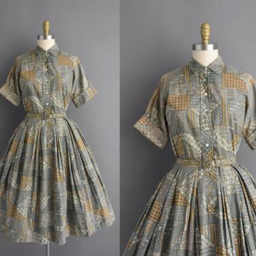 1950s vintage dress | Mint Green & Gold Cotton Print Short Sleeve Full Skirt Sumer Shirt Dress | Large | 50s dress 