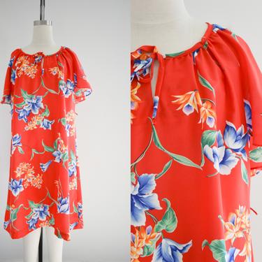 1980s Hilo Hattie's Red Floral Hawaiian Dress 