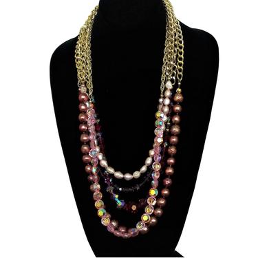Pink Pearl and Gemstone Multistrand Necklace - Hollywood Glam Style Jewelry 