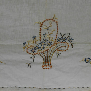 Vintage Hand Embroidered  Table Runner with Flower Basket Design 