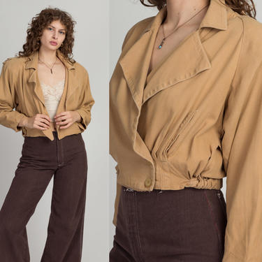80s Tan Cropped Silk Jacket - Small | Vintage Ellen Tracy Oversize Wrap Front Windbreaker 