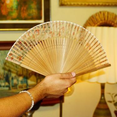 Antique Chinese Hand Made Silkscreen Fan &amp; Decorative Wooden Case, Translucent Silk Leaves With Floral Pattern, Hand Painted Bird Box Design 