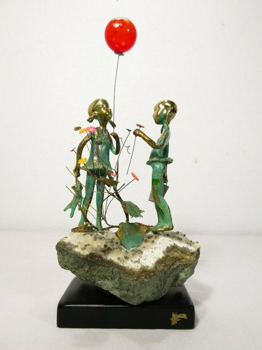 1972 MALCOLM MORAN Bronze GIRLS W/ RED BALLOON & FLOWERS ART SCULPTURE ...