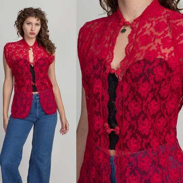 Vintage Sheer Red Lace Top - Medium to Large | 90s Y2K Boho Frog Knot Button Up Sleeveless Shirt 