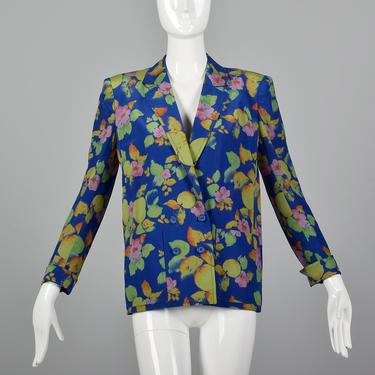Small Floral Silk Blazer Jean Louis Scherrer Boutique Numbered Long Sleeve Patch Pockets Double Breasted Blue 1980s Vintage Jacket 